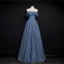 Fashion Ocean Blue Glitter Starry Sky Evening Dresses  Prom Dresses 2021 A-Line / Princess Ruffle Square Neckline Sleeveless Backless Floor-Length / Long Formal Dresses