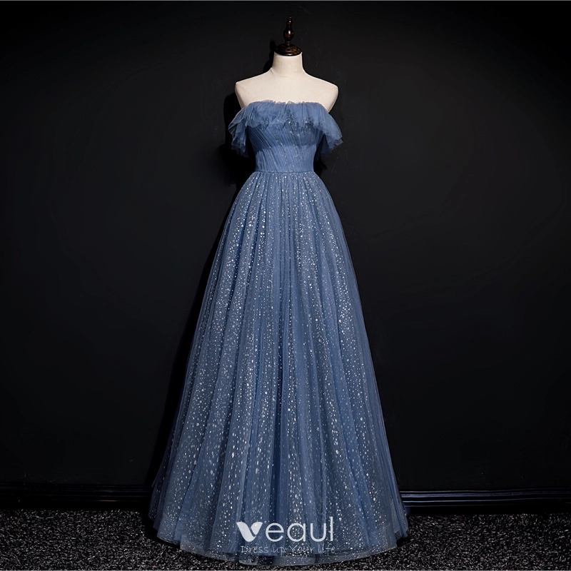 Sky Blue Off The Shoulder A Line Prom Dresses, Tulle 2021 Prom Dresses, Elegant Evening Dresses