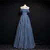 Fashion Ocean Blue Glitter Starry Sky Evening Dresses  Prom Dresses 2021 A-Line / Princess Ruffle Square Neckline Sleeveless Backless Floor-Length / Long Formal Dresses