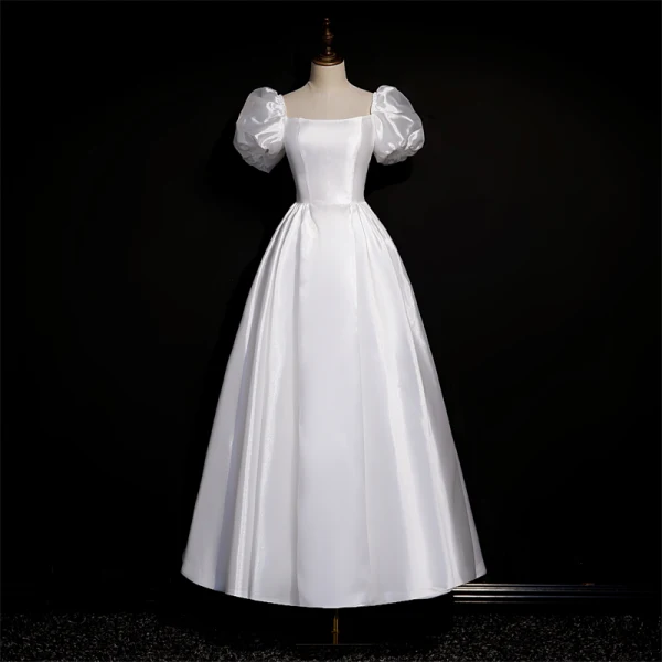 Vintage Schlicht Ivory / Creme Satin Brautkleider / Hochzeitskleider 2021 A Linie Eckiger Ausschnitt Kurze Ärmel Rückenfreies Wadenlang Hochzeit