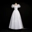Vintage Schlicht Ivory / Creme Satin Brautkleider / Hochzeitskleider 2021 A Linie Eckiger Ausschnitt Kurze Ärmel Rückenfreies Wadenlang Hochzeit