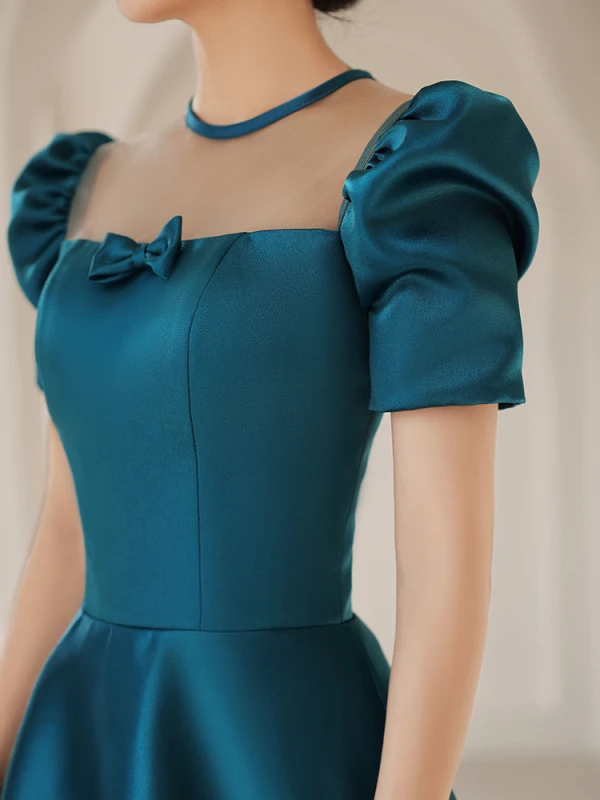 Vintage / Retro Royal Blue Satin Prom Dresses 2021 A-Line / Princess Scoop Neck Short Sleeve Backless Bow Floor-Length / Long Prom Formal Dresses