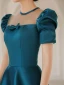 Vintage / Retro Royal Blue Satin Prom Dresses 2021 A-Line / Princess Scoop Neck Short Sleeve Backless Bow Floor-Length / Long Prom Formal Dresses