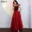 Vintage / Retro Red Pearl Sequins Prom Dresses 2021 A-Line / Princess Square Neckline Short Sleeve Backless Floor-Length / Long Prom Formal Dresses