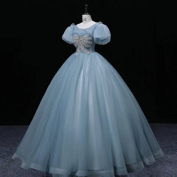 Chic / Beautiful Pool Blue Prom Dresses 2022 Ball Gown Scoop Neck Beading Puffy Short Sleeve Backless Floor-Length / Long Formal Dresses