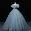 Chic / Beautiful Pool Blue Prom Dresses 2022 Ball Gown Scoop Neck Beading Puffy Short Sleeve Backless Floor-Length / Long Formal Dresses