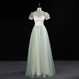 Chic Belle Vert Cendré Paillettes Robe De Bal 2023 Princesse Col Haut Manches Courtes Dos Nu Longue Promo Robe De Ceremonie