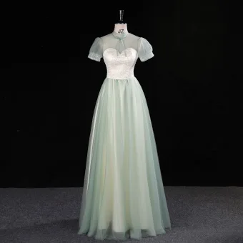 Chic Beautiful Sage Green Sequins Prom Dresses 2023 A Line Princess High Neck Short Sleeve Backless Floor Length Long Prom Formal Dresses