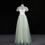 Chic / Beautiful Sage Green Sequins Prom Dresses 2023 A-Line / Princess High Neck Short Sleeve Backless Floor-Length / Long Prom Formal Dresses