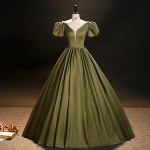 Vintage Originale Vert Trèfle Satin Robe De Bal 2023 Robe Boule V Cou Gonflée Manches Courtes Dos Nu Longue Robe De Ceremonie