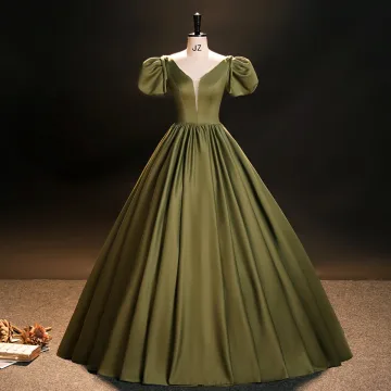 Vintage Retro Clover Green Satin Prom Dresses 2023 Ball Gown V Neck Puffy Short Sleeve Backless Floor Length Long Formal Dresses