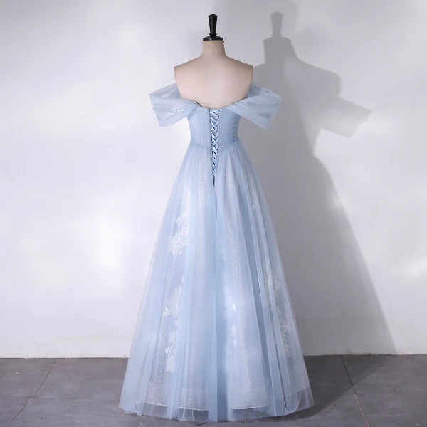 Chic / Beautiful Sky Blue Flower Glitter Sequins Prom Dresses 2024 A-Line / Princess Off-The-Shoulder Sleeveless Backless Floor-Length / Long Prom Formal Dresses