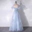 Chic / Beautiful Sky Blue Flower Glitter Sequins Prom Dresses 2024 A-Line / Princess Off-The-Shoulder Sleeveless Backless Floor-Length / Long Prom Formal Dresses