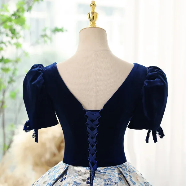 Elegant Navy Blue Printing Prom Dresses 2023 Ball Gown Square Neckline Short Sleeve Backless Floor-Length / Long Prom Formal Dresses