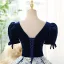 Elegant Navy Blue Printing Prom Dresses 2023 Ball Gown Square Neckline Short Sleeve Backless Floor-Length / Long Prom Formal Dresses
