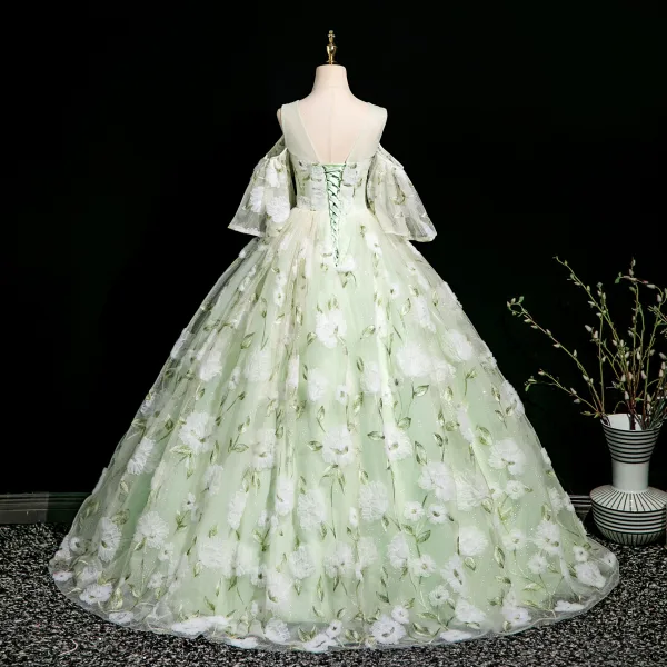 Elegant Sage Green Lace Flower Appliques Prom Dresses 2025 Ball Gown Scoop Neck Short Sleeve Backless Floor-Length / Long Prom Formal Dresses