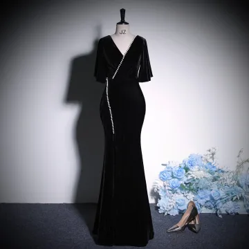 Sexy Noire Couleur Unie Faux Diamant Velours Robe De Soirée 2023 Trompette Sirène V Cou Manches Courtes Dos Nu Longue Soirée Robe De Ceremonie
