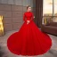 Chinese style Muslim Red Wedding Dresses 2019 A-Line / Princess High Neck Beading Appliques Lace Flower Long Sleeve Royal Train
