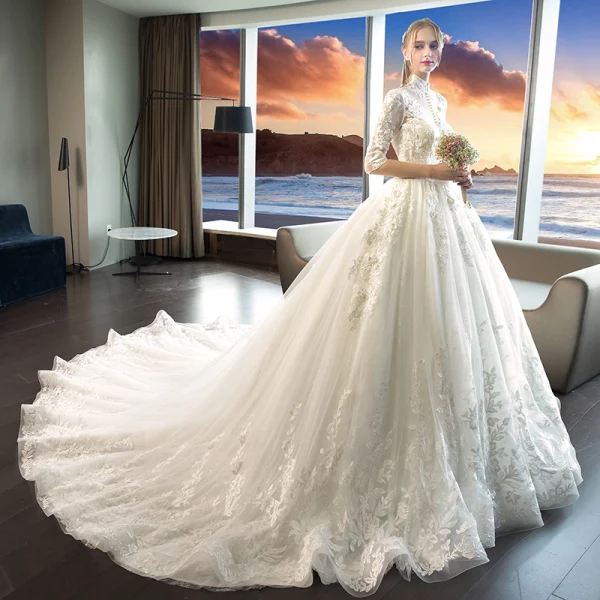 Chinese style Ivory Wedding Dresses 2019 A-Line / Princess High Neck Appliques Lace Flower Pearl 1/2 Sleeves Backless Cathedral Train
