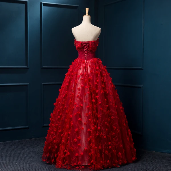 Chinese style Red Wedding Dresses 2019 A-Line / Princess Strapless Appliques Lace Flower Beading Pearl Sleeveless Backless Floor-Length / Long