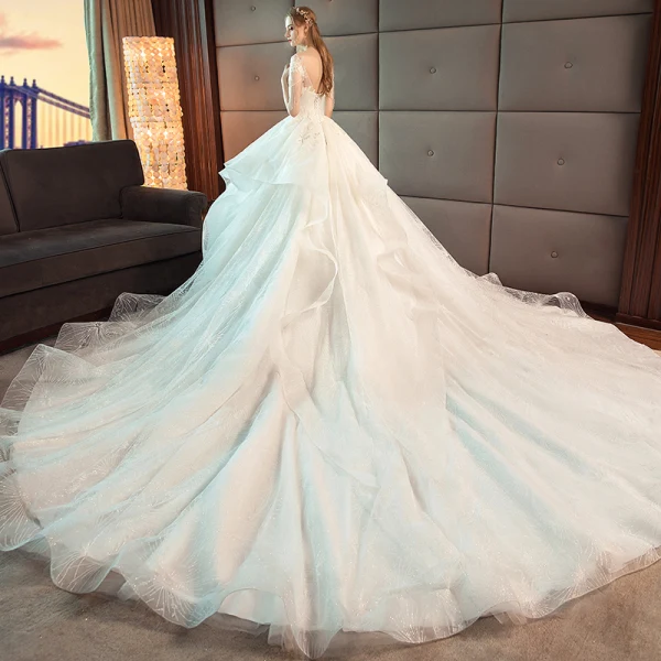 Charming Ivory Wedding Dresses 2019 Ball Gown Scoop Neck Lace Flower Beading Tassel Short Sleeve Backless Cascading Ruffles Cathedral Train Wedding