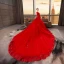 Chinesischer Stil Muslimisches Rot Brautkleider / Hochzeitskleider 2019 A Linie V-Ausschnitt Spitze Blumen Kristall Pailletten Lange Ärmel Königliche Schleppe