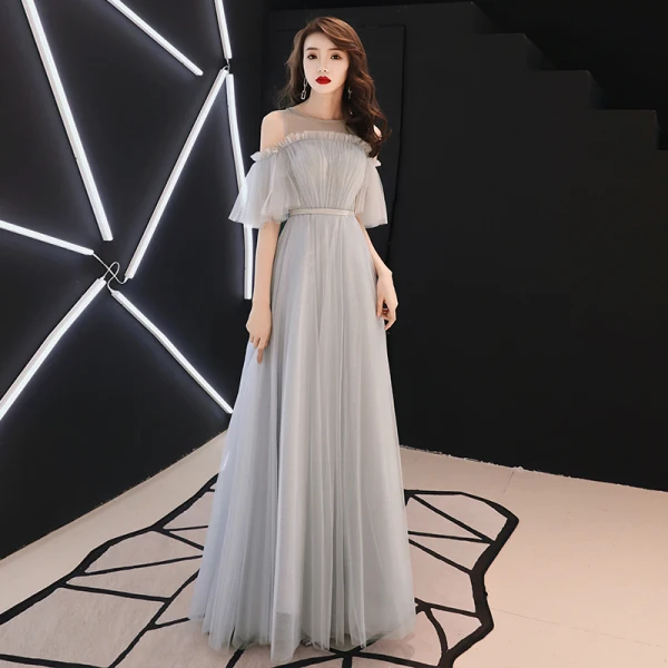 Elegant Pearl Pink Evening Dresses 2019 A-Line / Princess Scoop Neck Ruffle Sash Short Sleeve Backless Floor-Length / Long Formal Dresses