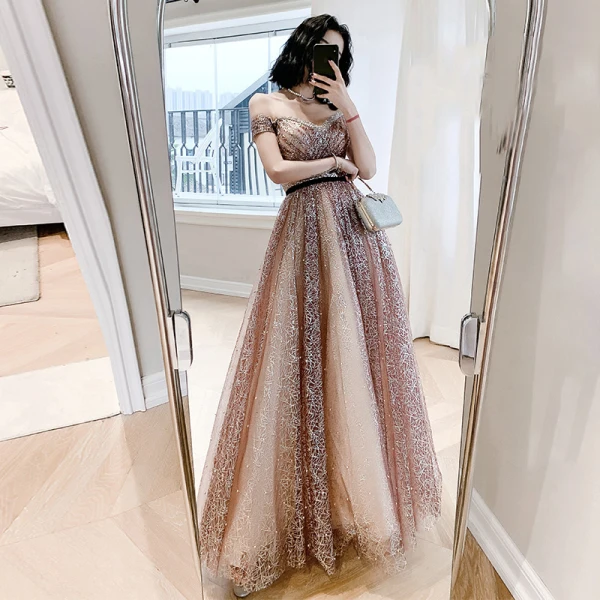 Sexy Blushing Pink Sequins Pearl Prom Dresses 2021 A-Line / Princess Off-The-Shoulder Backless Short Sleeve Floor-Length / Long Formal Dresses
