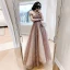Sexy Blushing Pink Sequins Pearl Prom Dresses 2021 A-Line / Princess Off-The-Shoulder Backless Short Sleeve Floor-Length / Long Formal Dresses