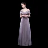 Charming Lavender Evening Dresses  2019 A-Line / Princess Spaghetti Straps Glitter Polyester Sleeveless Backless Floor-Length / Long Formal Dresses