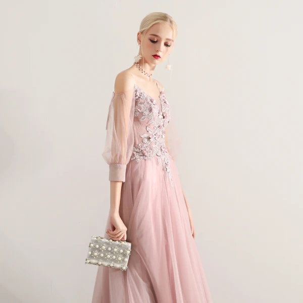 Elegant Blushing Pink Prom Dresses 2019 A-Line / Princess Spaghetti Straps Appliques Lace Flower Beading 3/4 Sleeve Backless Floor-Length / Long Formal Dresses