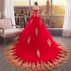 Chinese style Red Wedding Dresses 2019 Ball Gown Off-The-Shoulder Gold Lace Flower 1/2 Sleeves Backless Cathedral Train