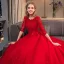 Chic / Belle Rouge Robe De Mariée 2019 Princesse Encolure Dégagée Perlage Cristal En Dentelle Fleur 1/2 Manches Royal Train