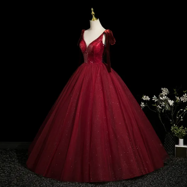 Bling Bling Burgundy Beading Sequins Prom Dresses 2025 Ball Gown Spaghetti Straps Sleeveless Backless Floor-Length / Long Formal Dresses