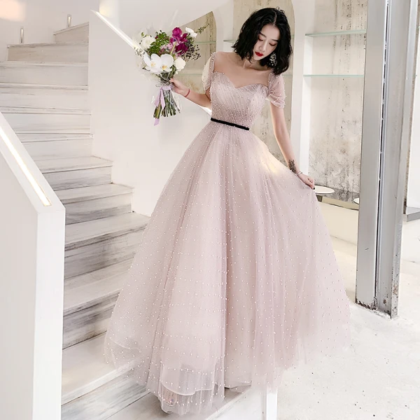 Charming Blushing Pink Pearl Prom Dresses 2021 A-Line / Princess Square Neckline Short Sleeve Backless Floor-Length / Long Formal Dresses