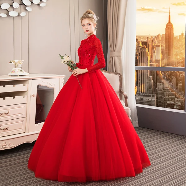 Chinese style Muslim Red Wedding Dresses 2019 Ball Gown High Neck Buttons Bow Lace Flower Sequins 3/4 Sleeve Floor-Length / Long