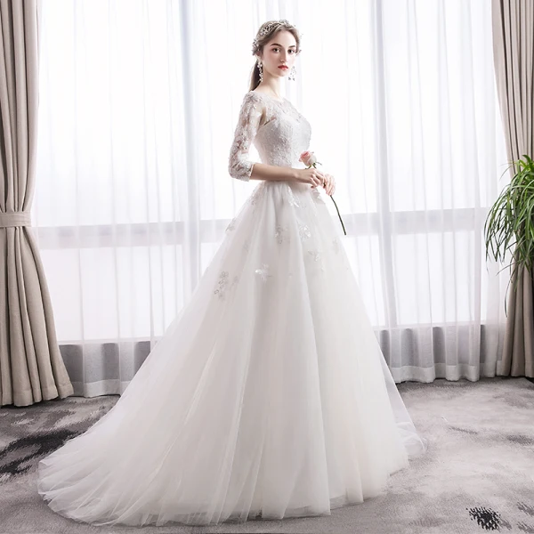 Elegant Ivory Wedding Dresses 2019 A-Line / Princess Scoop Neck Sequins Lace Flower 1/2 Sleeves Backless Sweep Train