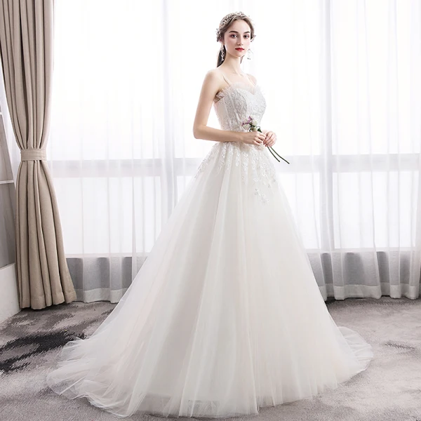 Elegant Ivory Wedding Dresses 2019 A-Line / Princess Spaghetti Straps Sequins Lace Flower Sleeveless Backless Court Train