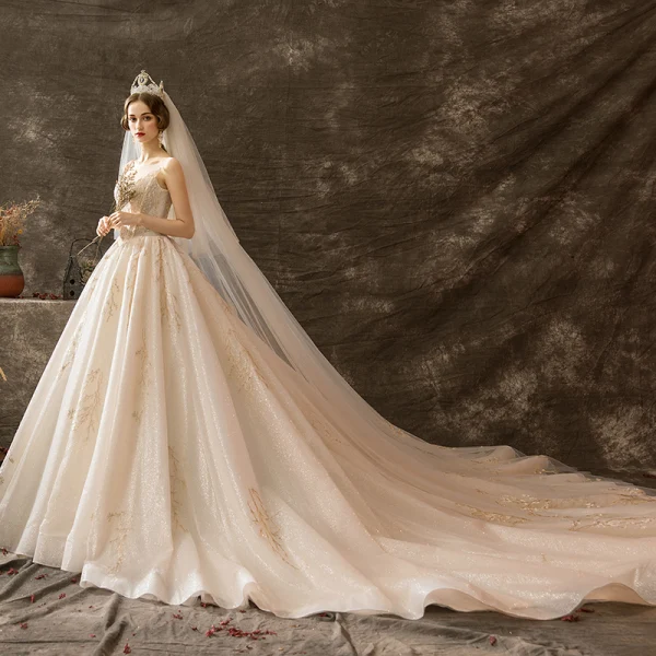 Luxury / Gorgeous Champagne Wedding Dresses 2019 A-Line / Princess Scoop Neck Beading Crystal Lace Flower Sequins Sleeveless Backless Watteau Train Royal Train