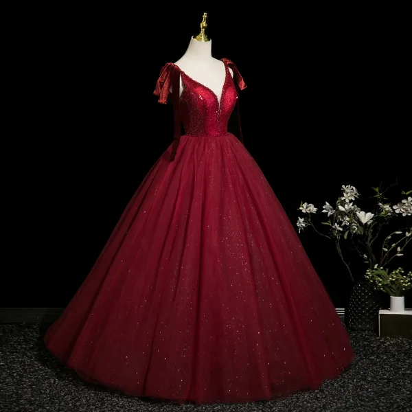 Bling Bling Burgundy Beading Sequins Prom Dresses 2025 Ball Gown Spaghetti Straps Sleeveless Backless Floor-Length / Long Formal Dresses