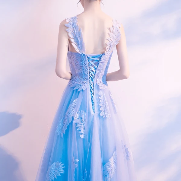 Chic / Beautiful Sky Blue Evening Dresses 2018 A-Line / Princess Appliques Shoulders Backless Sleeveless Floor-Length / Long Formal Dresses