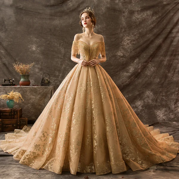 Luxury / Gorgeous Gold Wedding Dresses 2019 Ball Gown Off-The-Shoulder Beading Tassel Lace Flower Sequins Short Sleeve Backless Royal Train