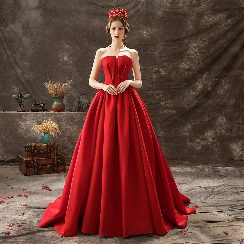Audrey Hepburn Style Solid Color Red Prom Dresses 2019 A Line Princess  Strapless Sleeveless Backless Court Train Formal Dresses
