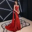 Sexy Rot Abendkleider 2019 Meerjungfrau One-Shoulder Pailletten Strass Kristall Ärmellos Rückenfreies Sweep / Pinsel Zug Festliche Kleider