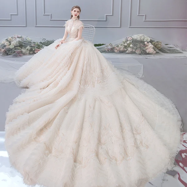Luxury / Gorgeous Champagne Wedding Dresses 2019 A-Line / Princess High Neck Beading Crystal Pearl Sequins Short Sleeve Backless Royal Train
