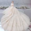 Luxury / Gorgeous Champagne Wedding Dresses 2019 A-Line / Princess High Neck Beading Crystal Pearl Sequins Short Sleeve Backless Royal Train