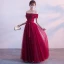 Chic / Beautiful Burgundy Prom Dresses 2018 A-Line / Princess Crystal Appliques Bow Off-The-Shoulder Backless Sleeveless Floor-Length / Long Formal Dresses
