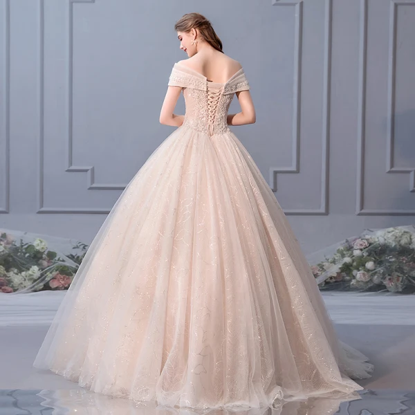 Elegant Champagne Wedding Dresses 2019 Ball Gown Off-The-Shoulder Beading Pearl Sequins Appliques Lace Flower Short Sleeve Backless Floor-Length / Long