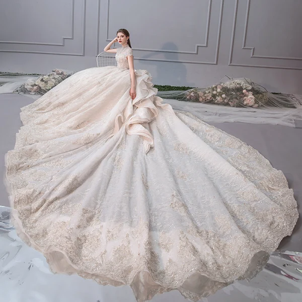Luxury / Gorgeous Champagne Wedding Dresses 2019 Ball Gown Scoop Neck Beading Pearl Sequins Lace Flower Cap Sleeves Backless Royal Train Cascading Ruffles