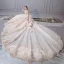 Luxury / Gorgeous Champagne Wedding Dresses 2019 Ball Gown Scoop Neck Beading Pearl Sequins Lace Flower Cap Sleeves Backless Royal Train Cascading Ruffles